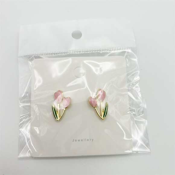 Pink Tulip Enamel Bouquet Pierced Stud Earrings Gold Tone Pair Dainty Chic - Picture 2 of 4